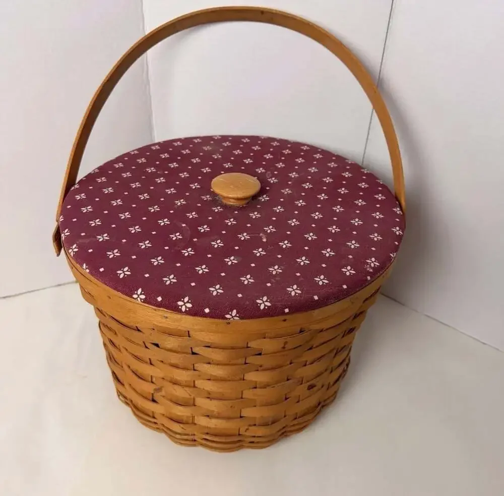 Longaberger Round Sewing Basket 1997 Red Fabric Lid Handle